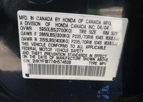 2004 Honda Pilot Ex-L z USA, uszkodzony, nr VIN 2HKYF18774H574628